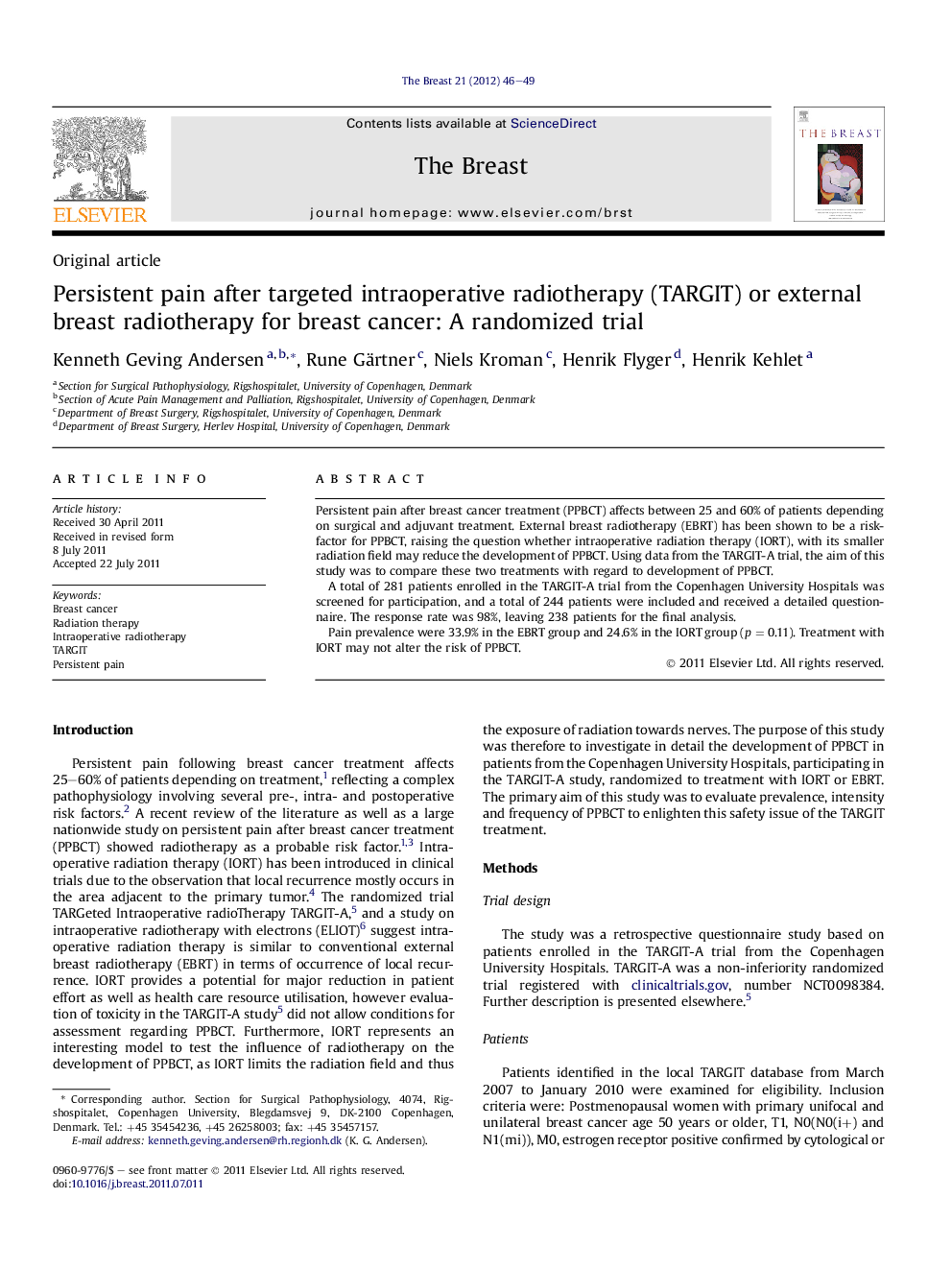 Persistent pain after targeted intraoperative radiotherapy (TARGIT) or external breast radiotherapy for breast cancer: A randomized trial