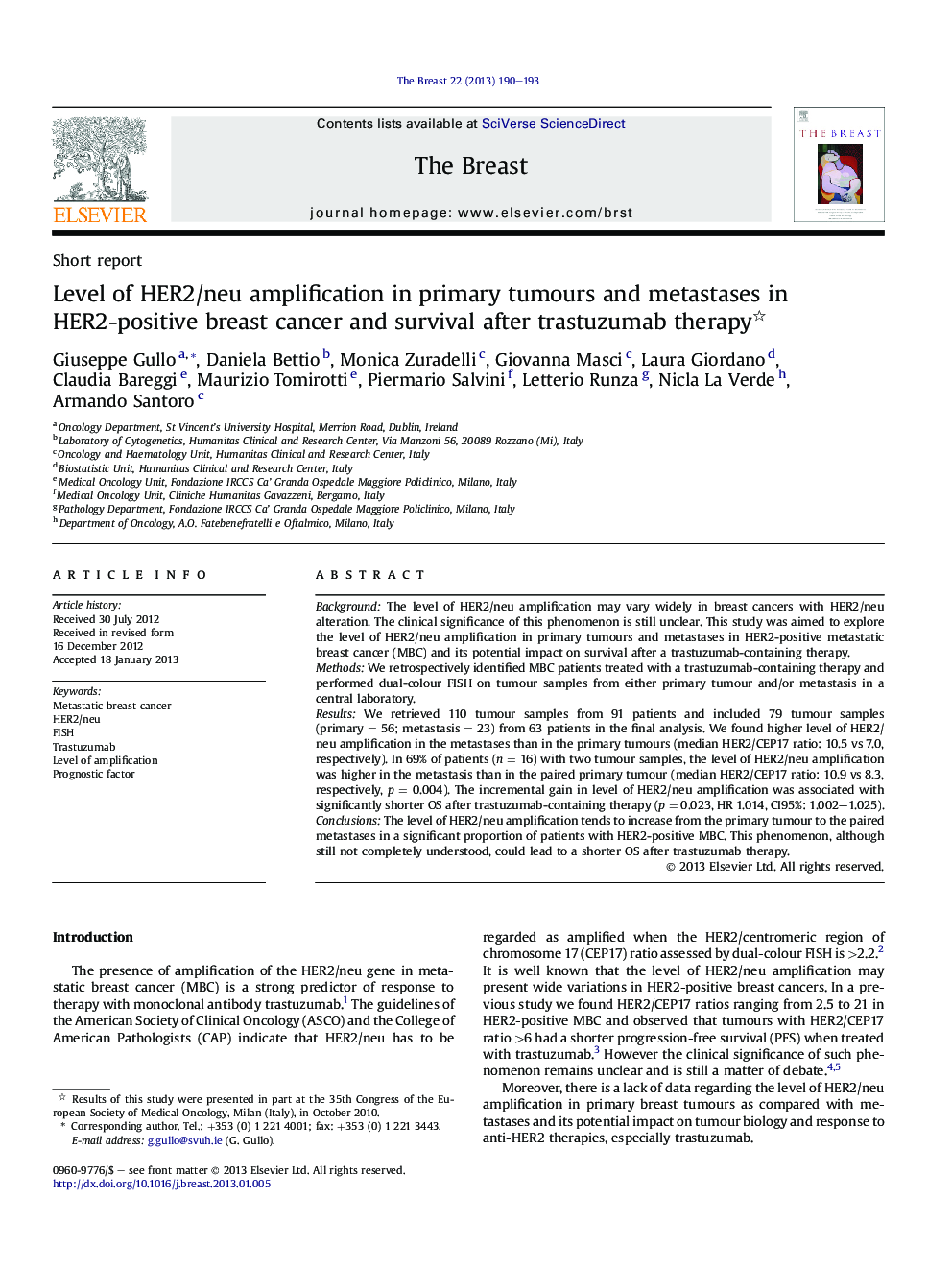 Level of HER2/neu amplification in primary tumours and metastases in HER2-positive breast cancer and survival after trastuzumab therapy 