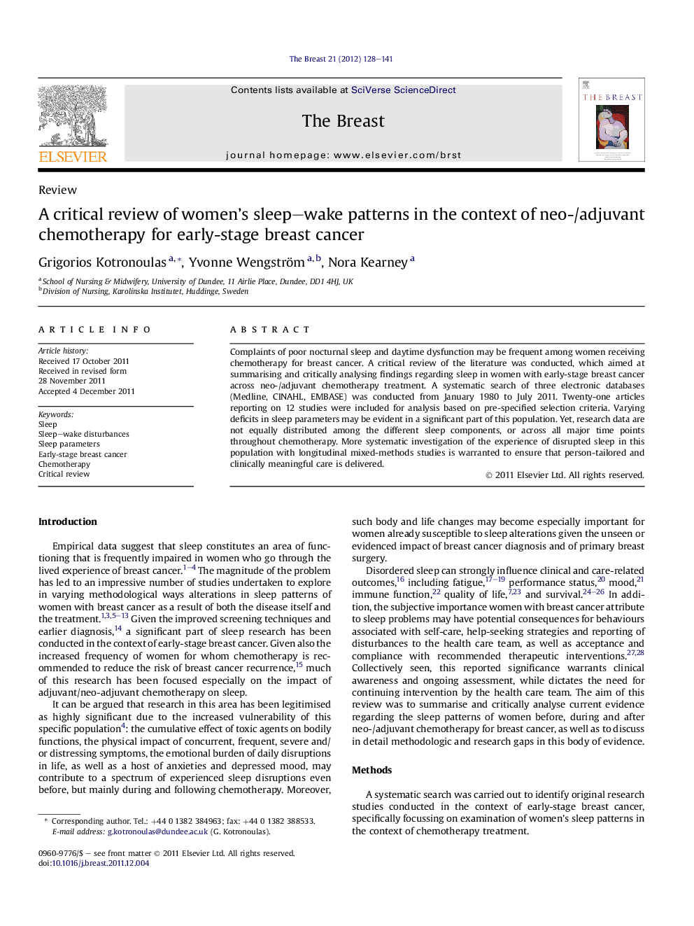 A critical review of women's sleep–wake patterns in the context of neo-/adjuvant chemotherapy for early-stage breast cancer