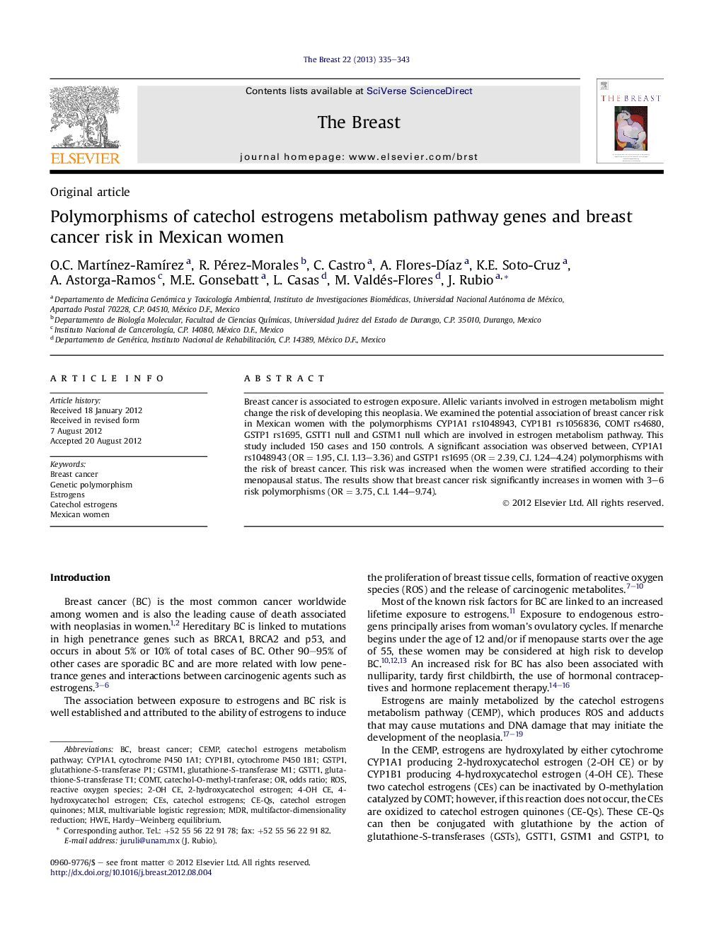 Polymorphisms of catechol estrogens metabolism pathway genes and breast cancer risk in Mexican women