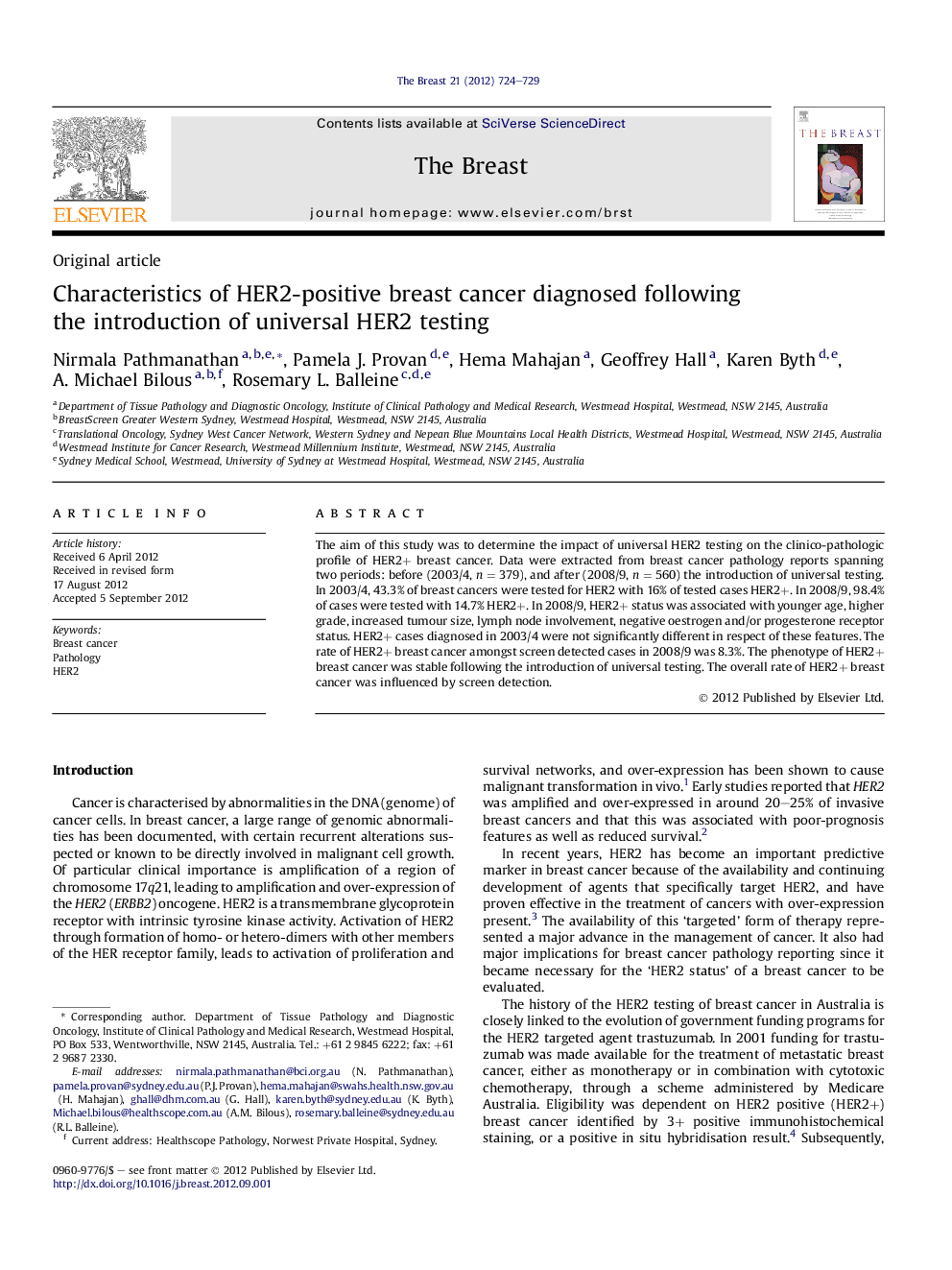 عکس صفحه اول مقاله: Characteristics of HER2-positive breast cancer diagnosed following the introduction of universal HER2 testing Characteristics of HER2-positive breast cancer diagnosed following the introduction of universal HER2 testing