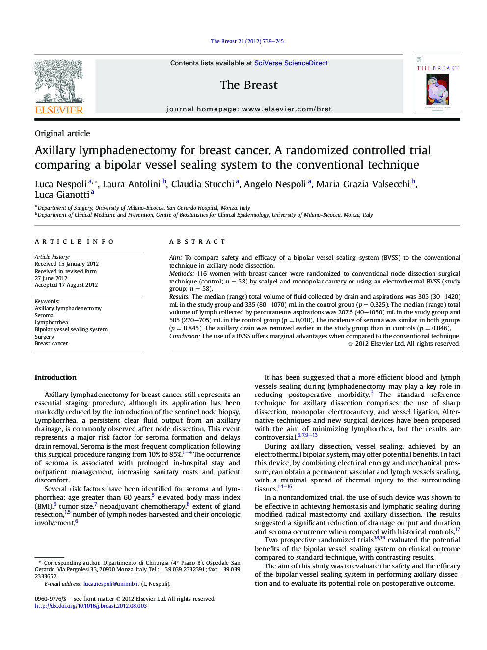 Axillary lymphadenectomy for breast cancer. A randomized controlled trial comparing a bipolar vessel sealing system to the conventional technique