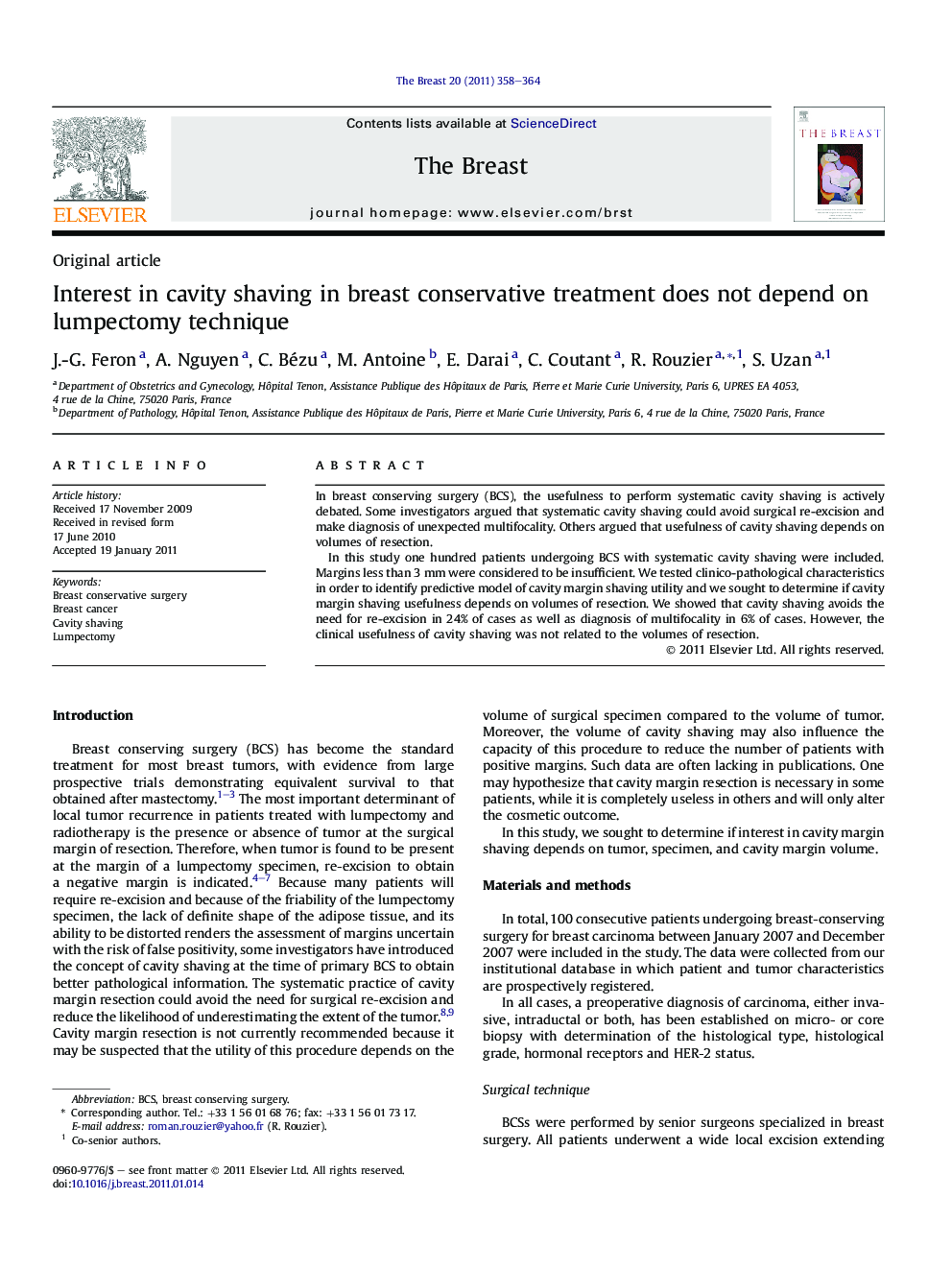 Interest in cavity shaving in breast conservative treatment does not depend on lumpectomy technique