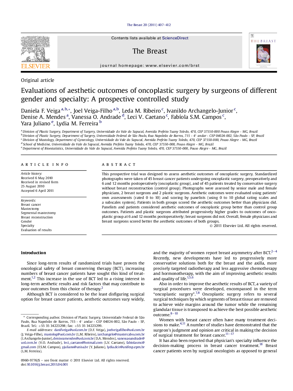 Evaluations of aesthetic outcomes of oncoplastic surgery by surgeons of different gender and specialty: A prospective controlled study