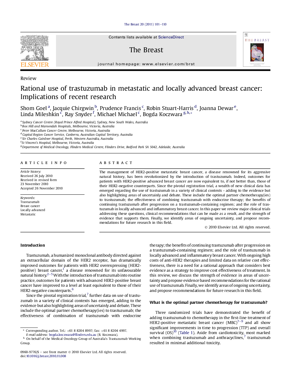 Rational use of trastuzumab in metastatic and locally advanced breast cancer: Implications of recent research