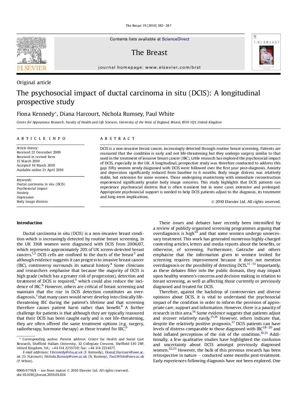 The psychosocial impact of ductal carcinoma in situ (DCIS): A longitudinal prospective study