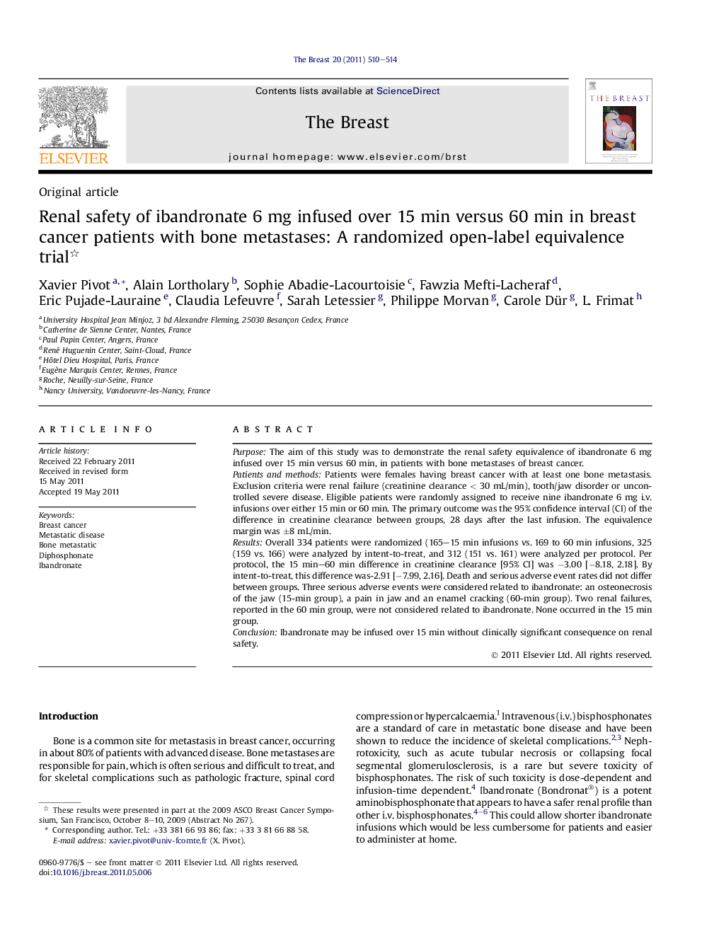 Renal safety of ibandronate 6Â mg infused over 15Â min versus 60Â min in breast cancer patients with bone metastases: A randomized open-label equivalence trial