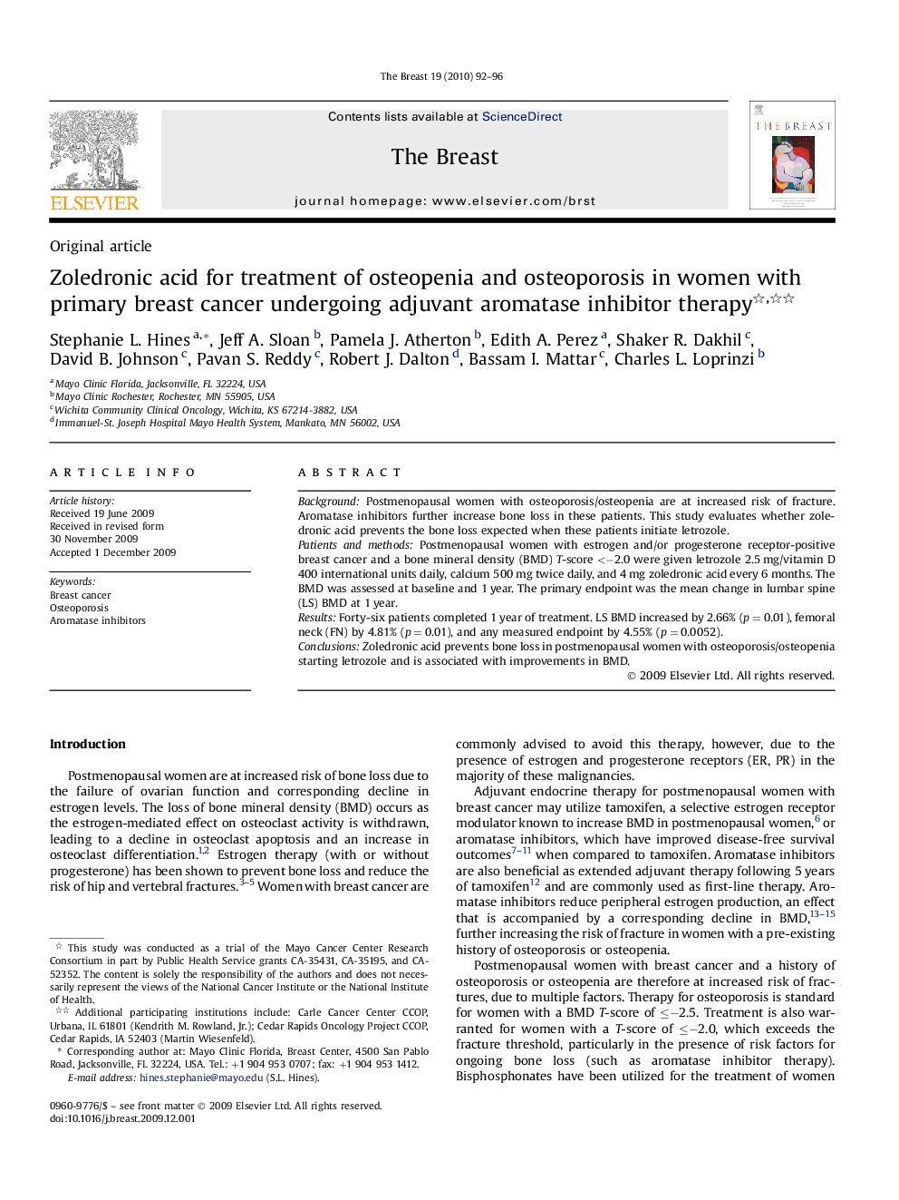 Zoledronic acid for treatment of osteopenia and osteoporosis in women with primary breast cancer undergoing adjuvant aromatase inhibitor therapy 