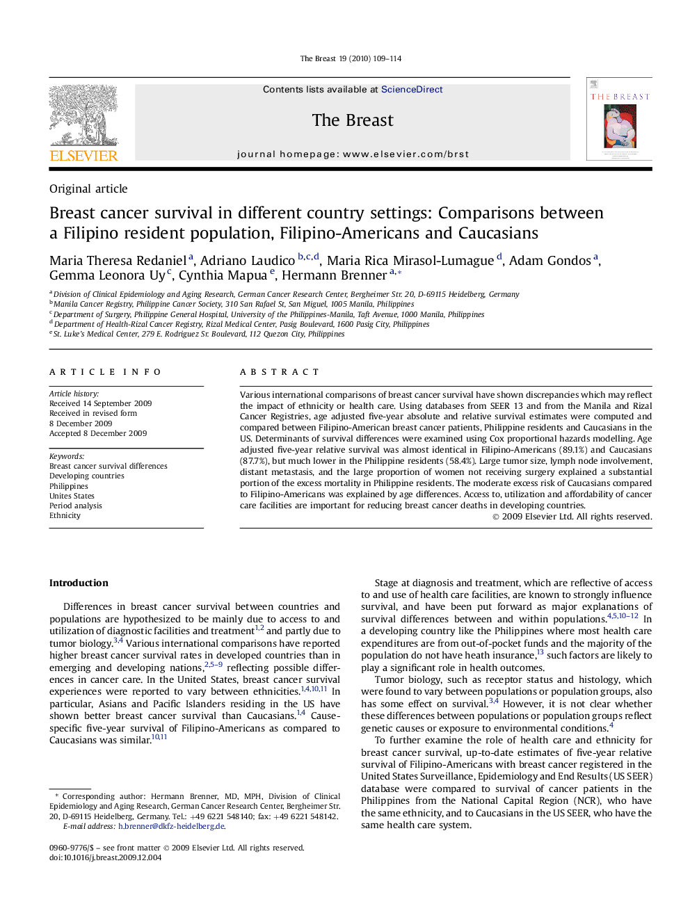 Breast cancer survival in different country settings: Comparisons between a Filipino resident population, Filipino-Americans and Caucasians