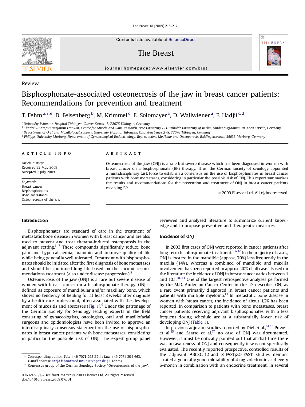 Bisphosphonate-associated osteonecrosis of the jaw in breast cancer patients: Recommendations for prevention and treatment