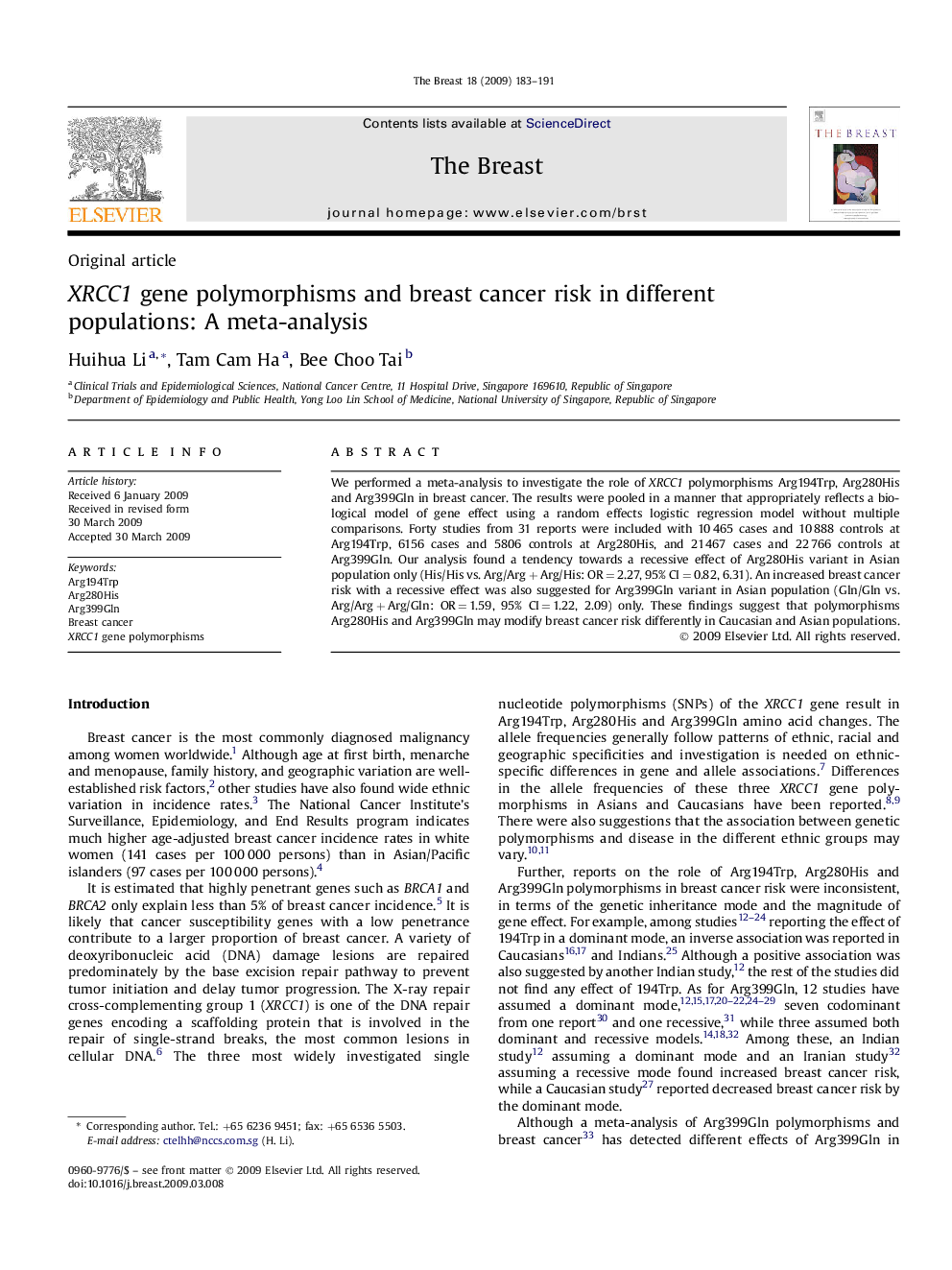 XRCC1 gene polymorphisms and breast cancer risk in different populations: A meta-analysis