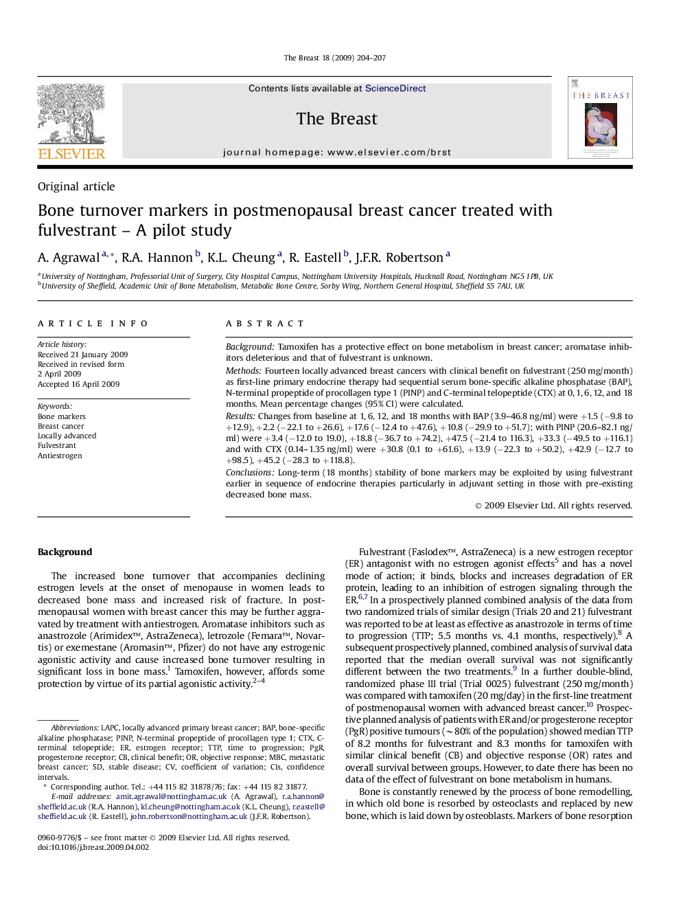 Bone turnover markers in postmenopausal breast cancer treated with fulvestrant – A pilot study