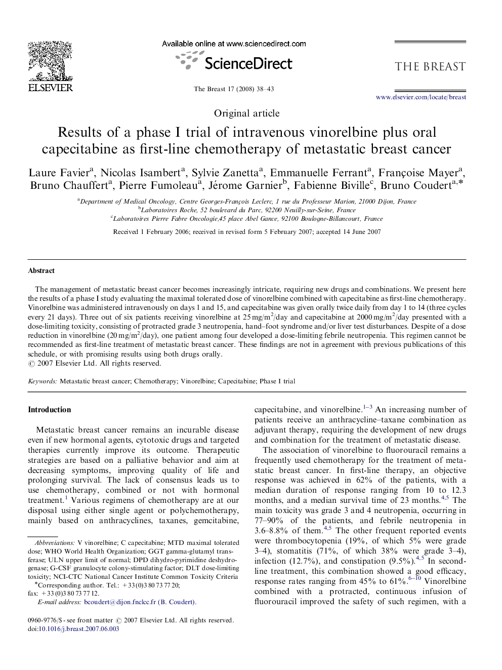 عکس صفحه اول مقاله: Results of a phase I trial of intravenous vinorelbine plus oral capecitabine as first-line chemotherapy of metastatic breast cancer Results of a phase I trial of intravenous vinorelbine plus oral capecitabine as first-line chemotherapy of metastatic breast cancer