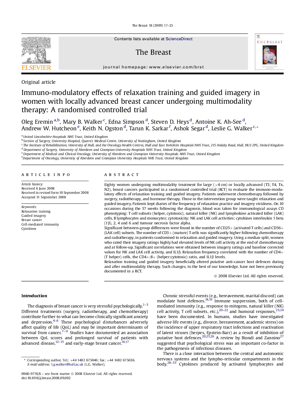 Immuno-modulatory effects of relaxation training and guided imagery in women with locally advanced breast cancer undergoing multimodality therapy: A randomised controlled trial