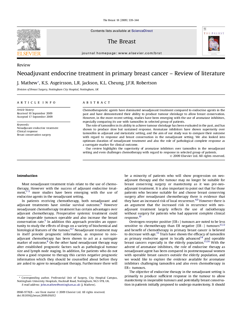 Neoadjuvant endocrine treatment in primary breast cancer – Review of literature