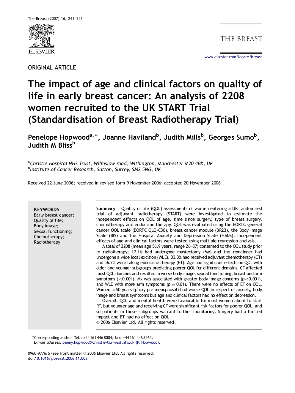 The impact of age and clinical factors on quality of life in early breast cancer: An analysis of 2208 women recruited to the UK START Trial (Standardisation of Breast Radiotherapy Trial)