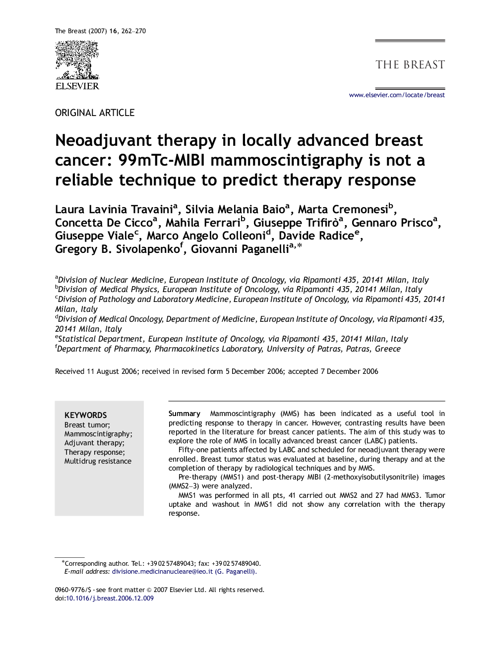 Neoadjuvant therapy in locally advanced breast cancer: 99mTc-MIBI mammoscintigraphy is not a reliable technique to predict therapy response