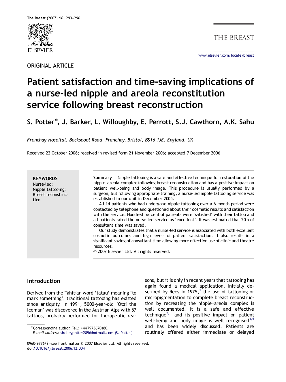 Patient satisfaction and time-saving implications of a nurse-led nipple and areola reconstitution service following breast reconstruction