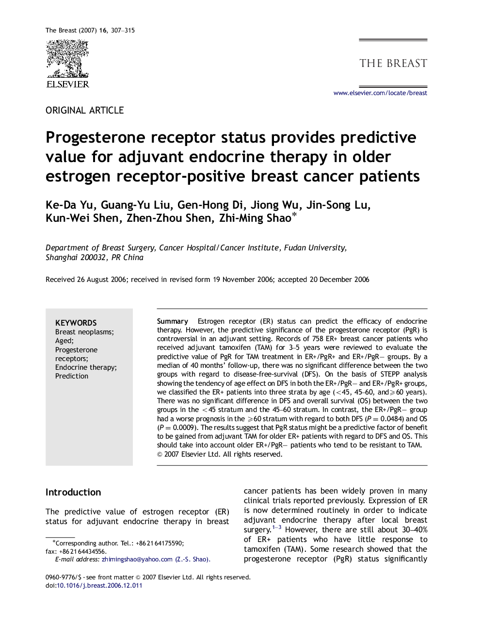 Progesterone receptor status provides predictive value for adjuvant endocrine therapy in older estrogen receptor-positive breast cancer patients