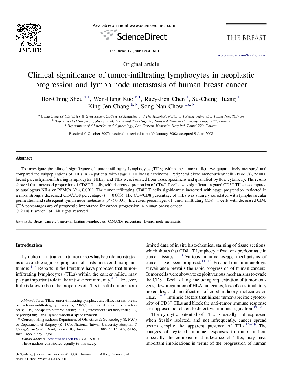 Clinical significance of tumor-infiltrating lymphocytes in neoplastic progression and lymph node metastasis of human breast cancer