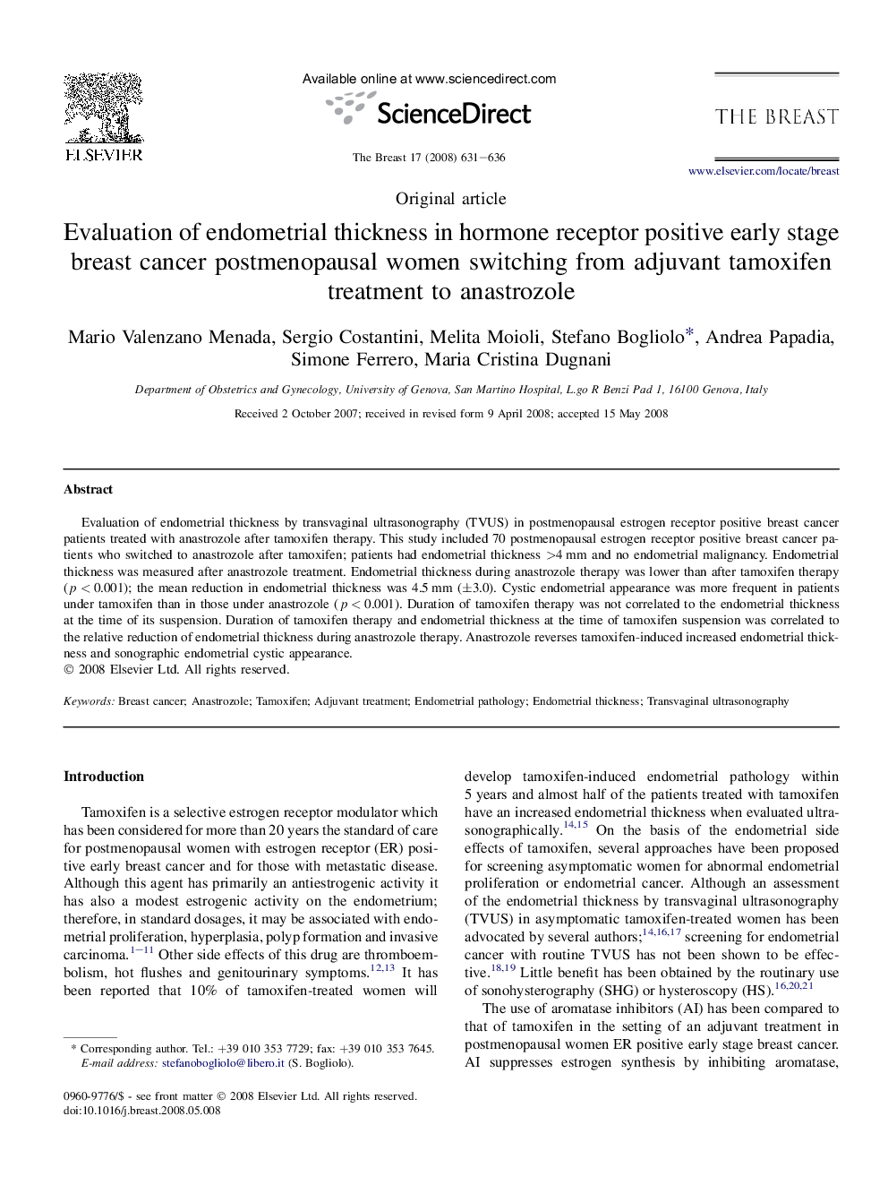 Evaluation of endometrial thickness in hormone receptor positive early stage breast cancer postmenopausal women switching from adjuvant tamoxifen treatment to anastrozole