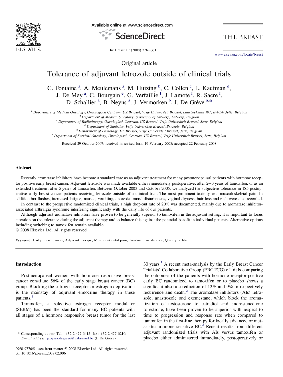 Tolerance of adjuvant letrozole outside of clinical trials