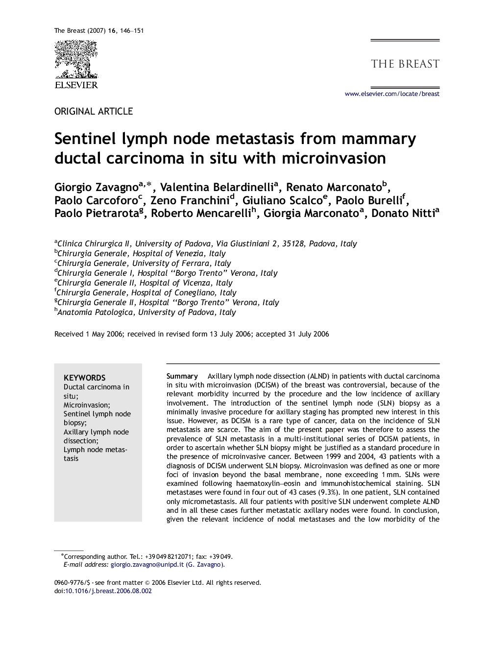 Sentinel lymph node metastasis from mammary ductal carcinoma in situ with microinvasion