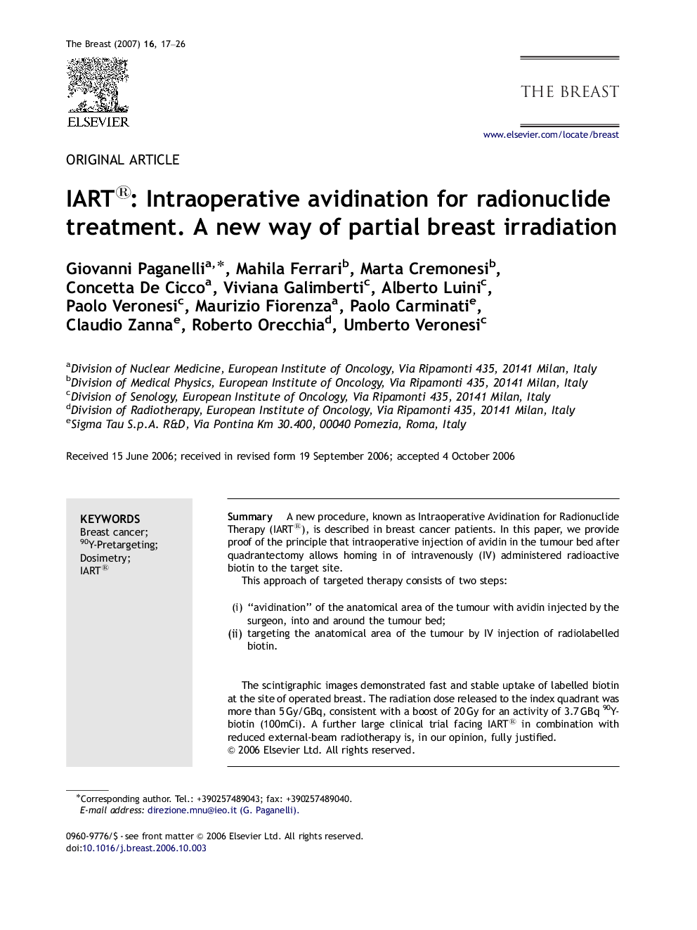 IART®: Intraoperative avidination for radionuclide treatment. A new way of partial breast irradiation