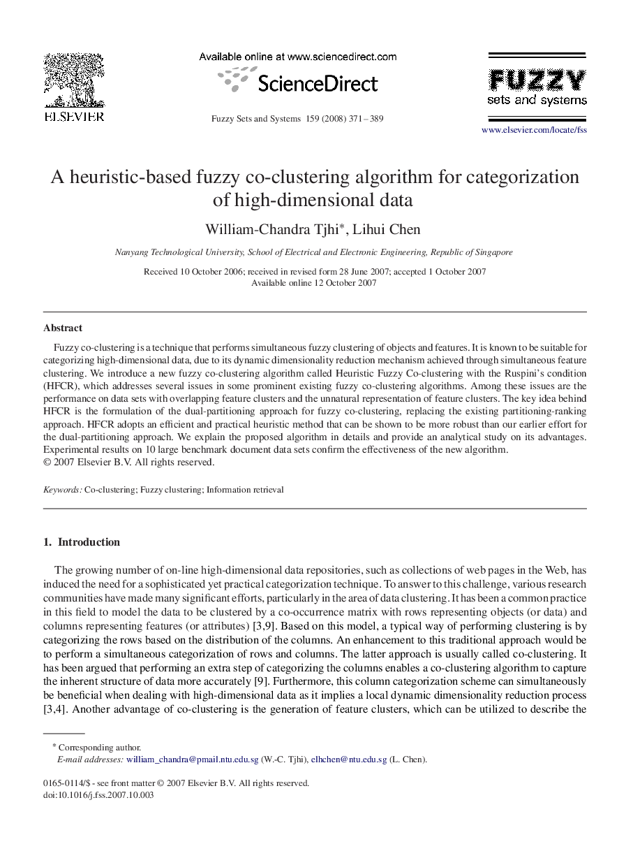 A heuristic-based fuzzy co-clustering algorithm for categorization of high-dimensional data