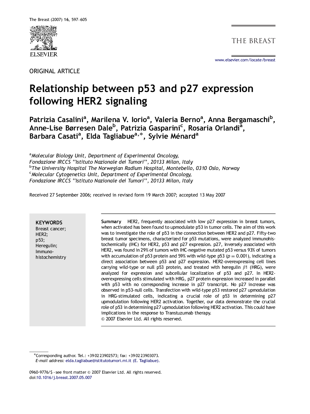 Relationship between p53 and p27 expression following HER2 signaling