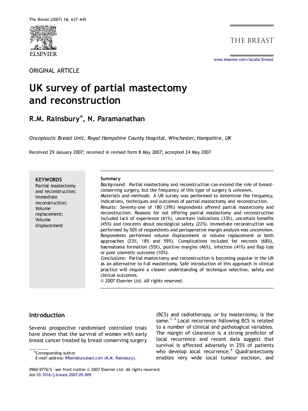 UK survey of partial mastectomy and reconstruction