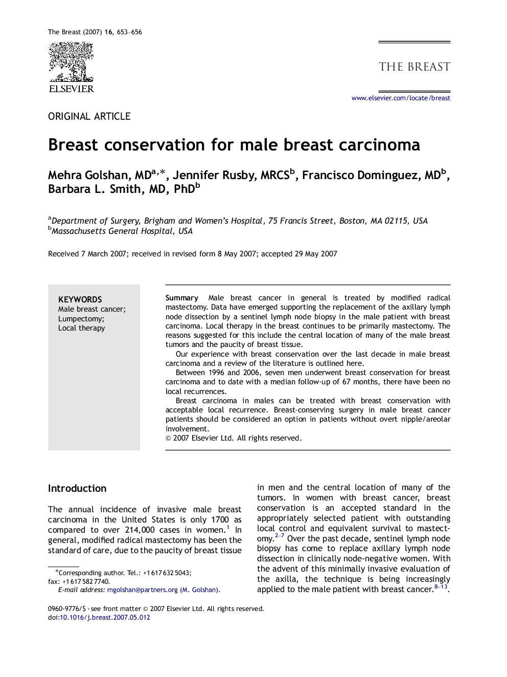 Breast conservation for male breast carcinoma