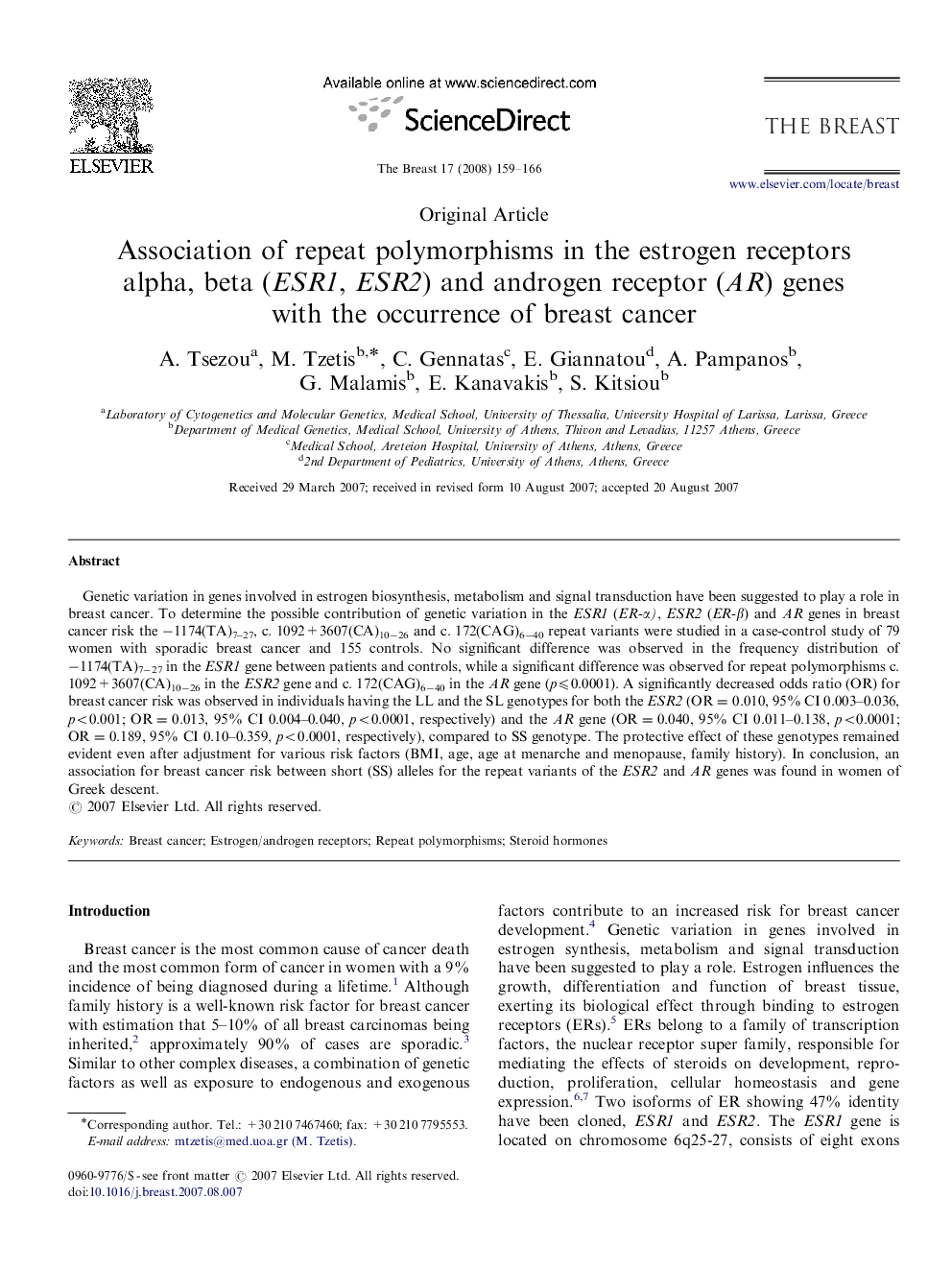 Association of repeat polymorphisms in the estrogen receptors alpha, beta (ESR1, ESR2) and androgen receptor (AR) genes with the occurrence of breast cancer