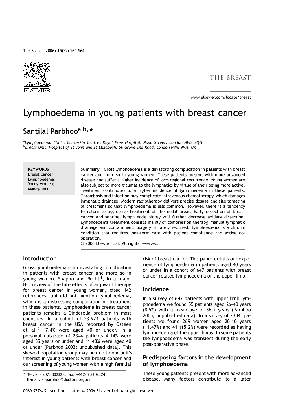 عکس صفحه اول مقاله: Lymphoedema in young patients with breast cancer Lymphoedema in young patients with breast cancer