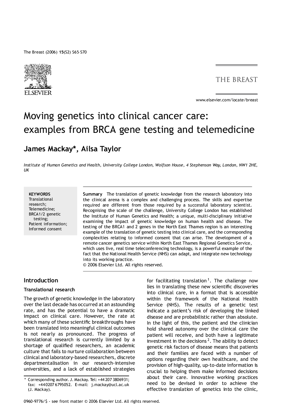 عکس صفحه اول مقاله: Moving genetics into clinical cancer care: examples from BRCA gene testing and telemedicine Moving genetics into clinical cancer care: examples from BRCA gene testing and telemedicine