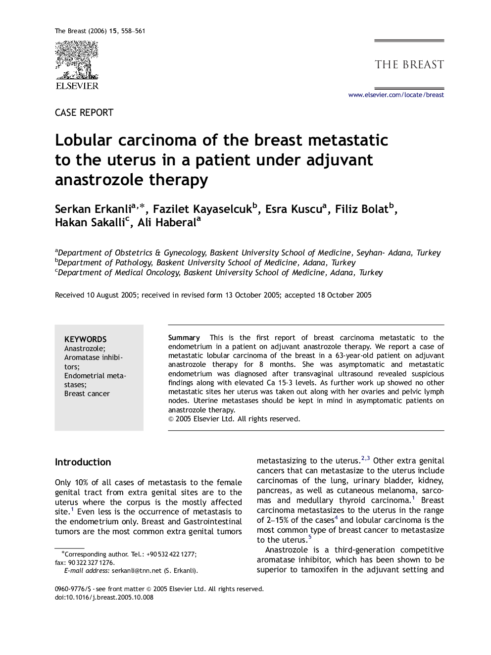 Lobular carcinoma of the breast metastatic to the uterus in a patient under adjuvant anastrozole therapy