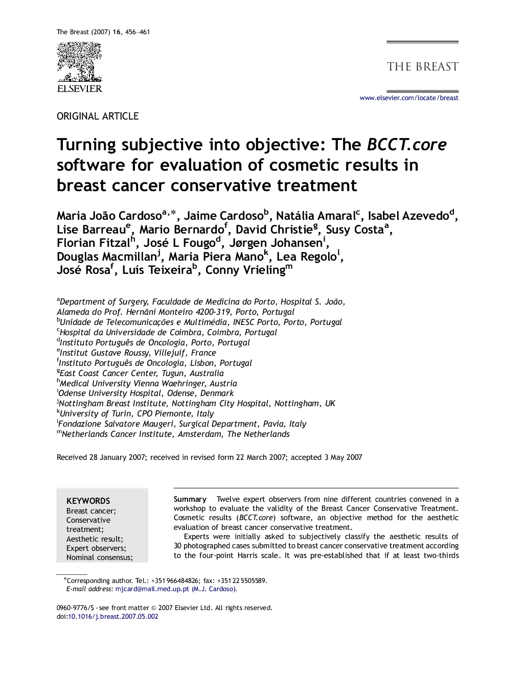 Turning subjective into objective: The BCCT.core software for evaluation of cosmetic results in breast cancer conservative treatment