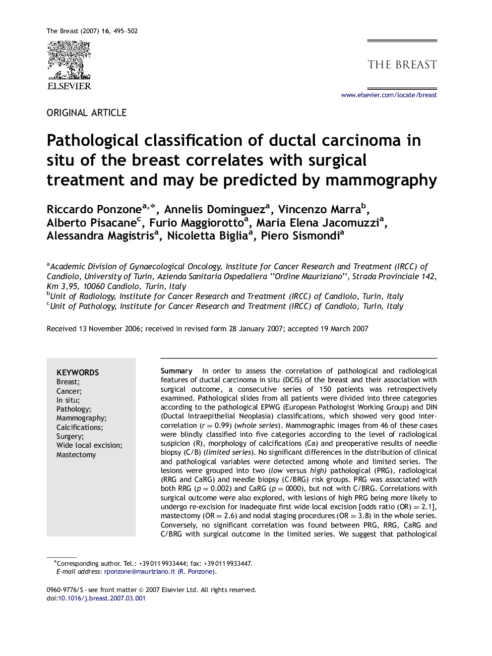 Pathological classification of ductal carcinoma in situ of the breast correlates with surgical treatment and may be predicted by mammography