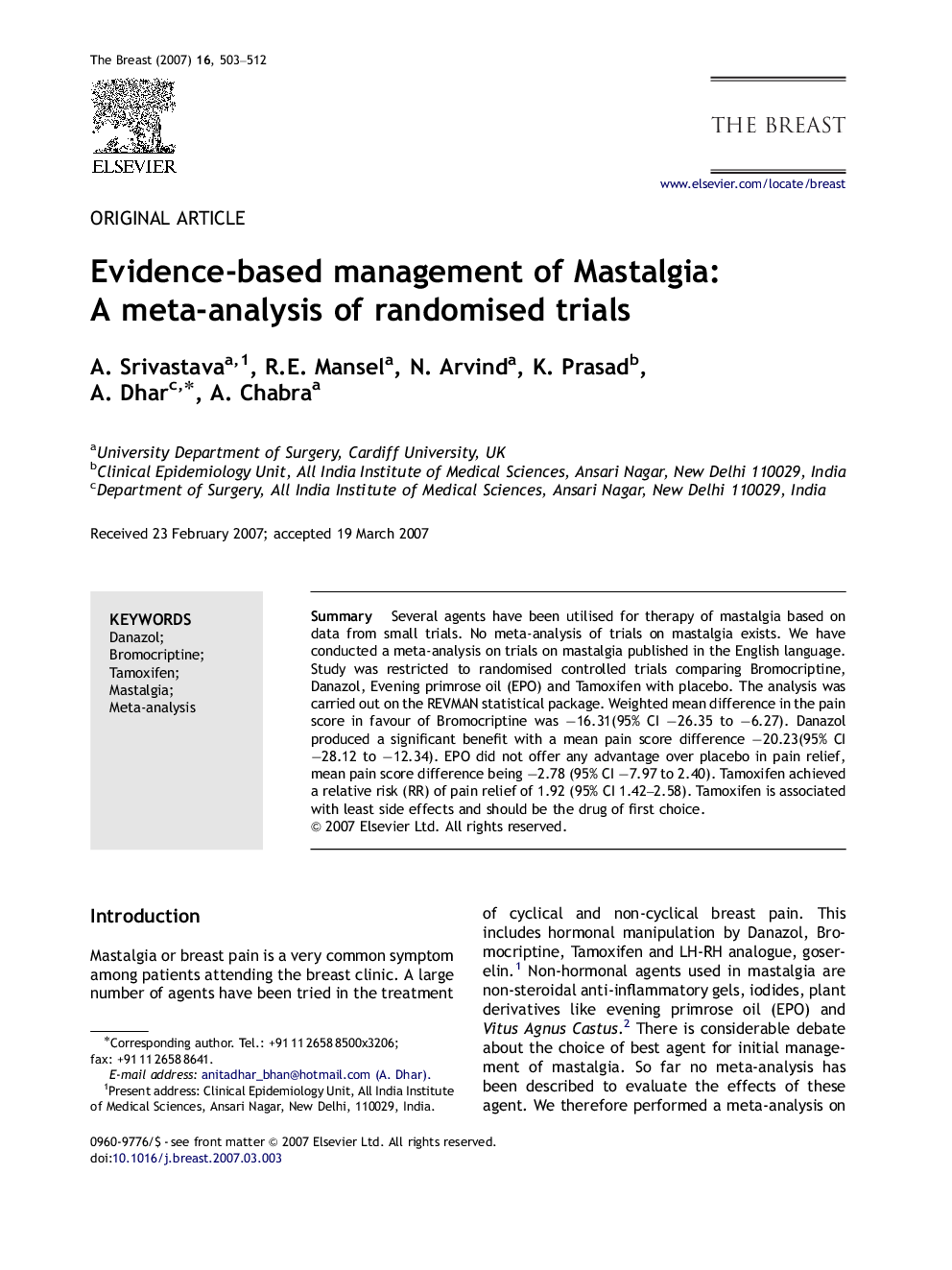 Evidence-based management of Mastalgia: A meta-analysis of randomised trials