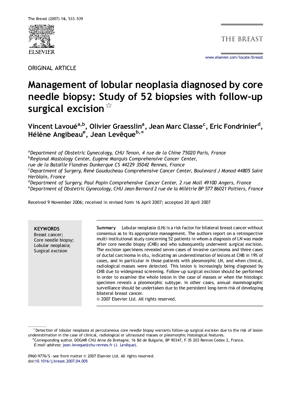 Management of lobular neoplasia diagnosed by core needle biopsy: Study of 52 biopsies with follow-up surgical excision