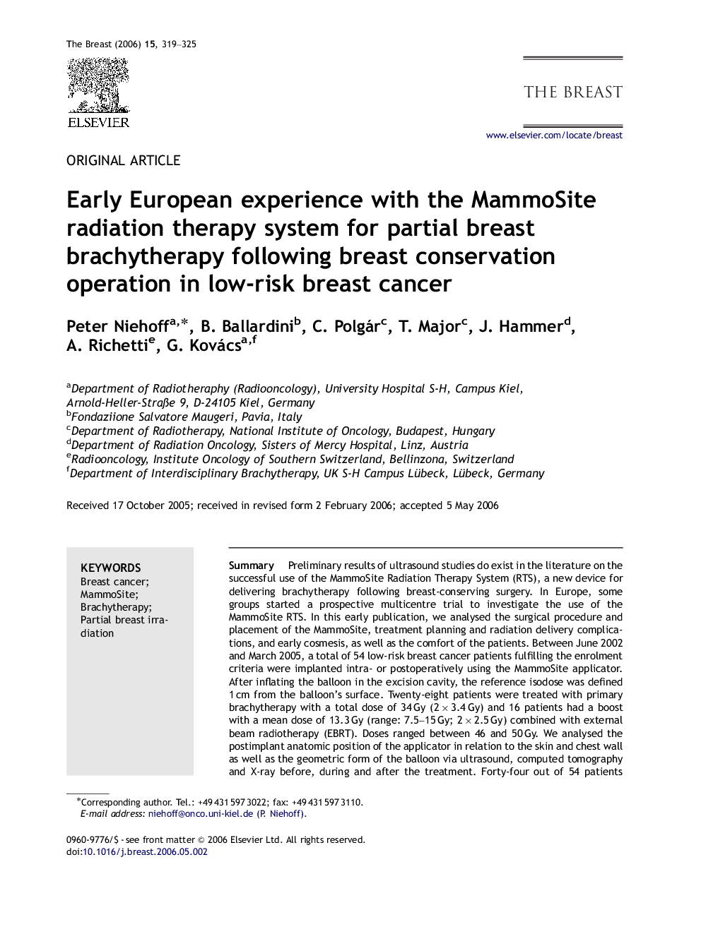 Early European experience with the MammoSite radiation therapy system for partial breast brachytherapy following breast conservation operation in low-risk breast cancer