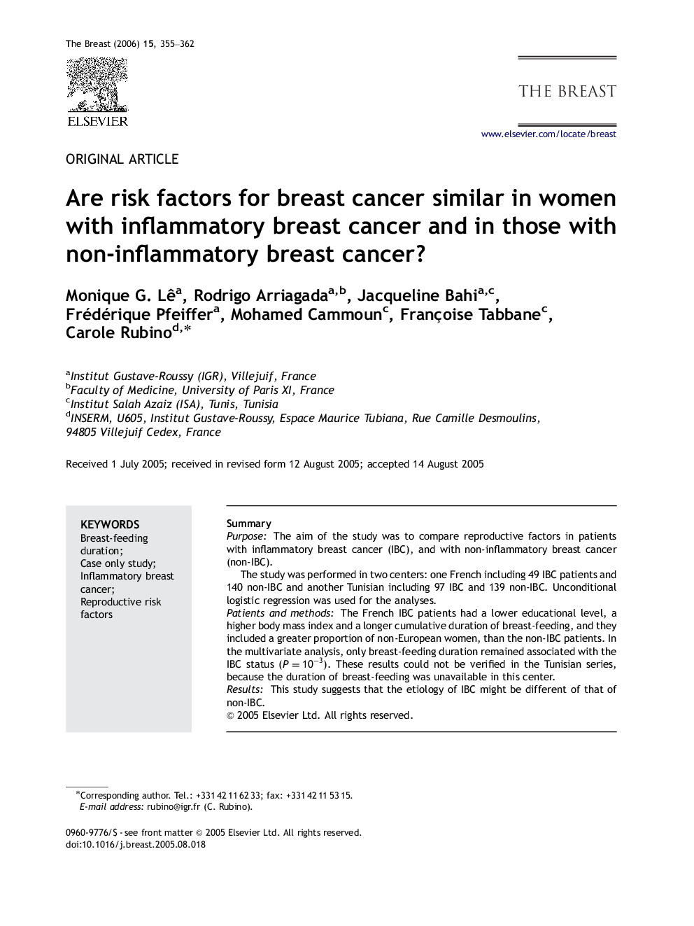 Are risk factors for breast cancer similar in women with inflammatory breast cancer and in those with non-inflammatory breast cancer?