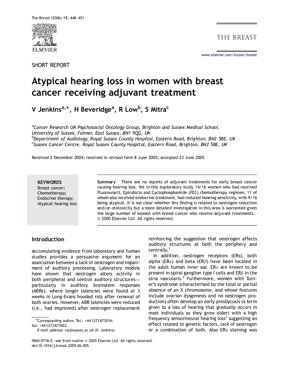 Atypical hearing loss in women with breast cancer receiving adjuvant treatment