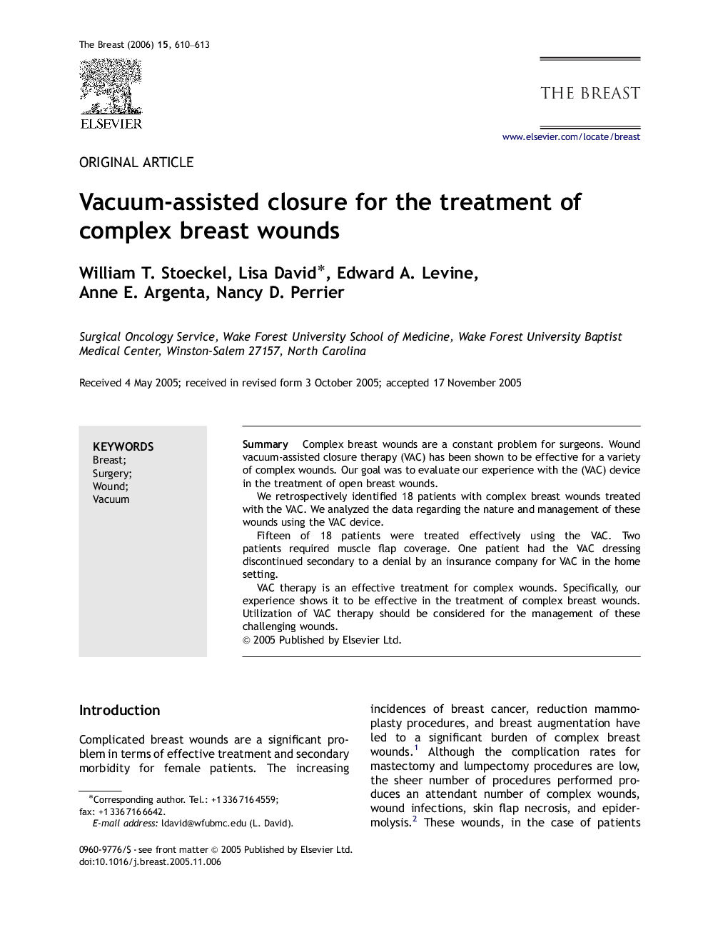 Vacuum-assisted closure for the treatment of complex breast wounds