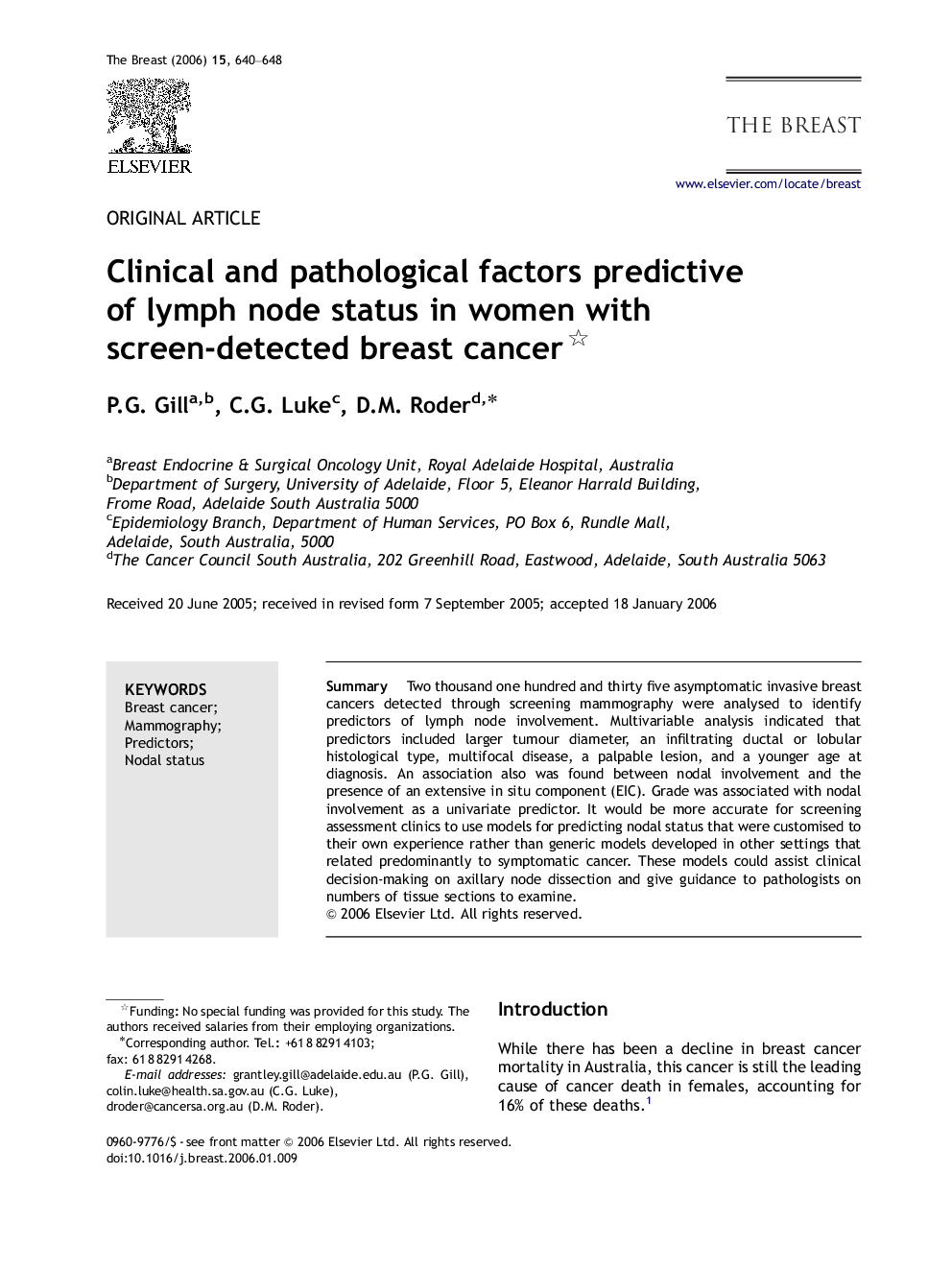 Clinical and pathological factors predictive of lymph node status in women with screen-detected breast cancer