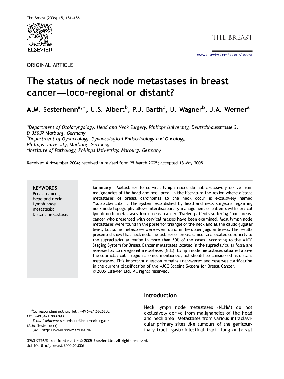 The status of neck node metastases in breast cancer—loco-regional or distant?