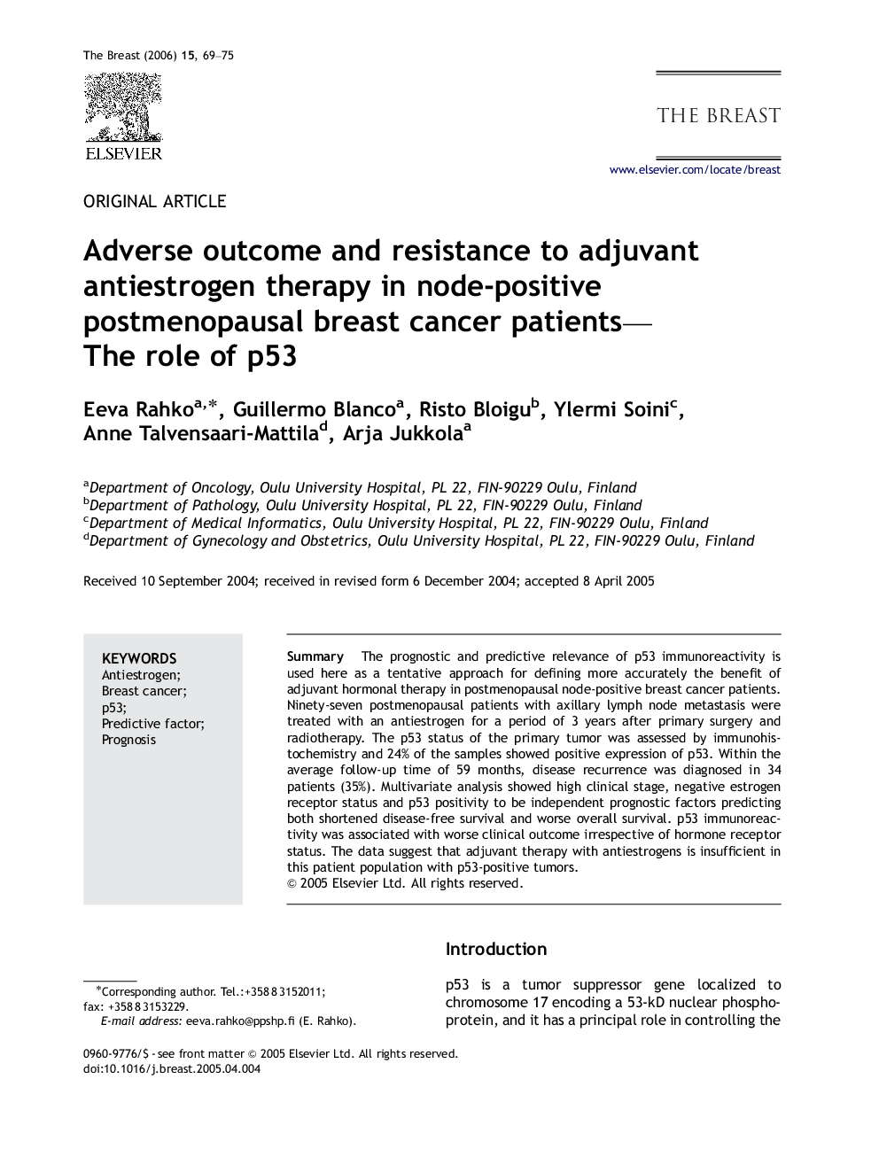 Adverse outcome and resistance to adjuvant antiestrogen therapy in node-positive postmenopausal breast cancer patients-The role of p53