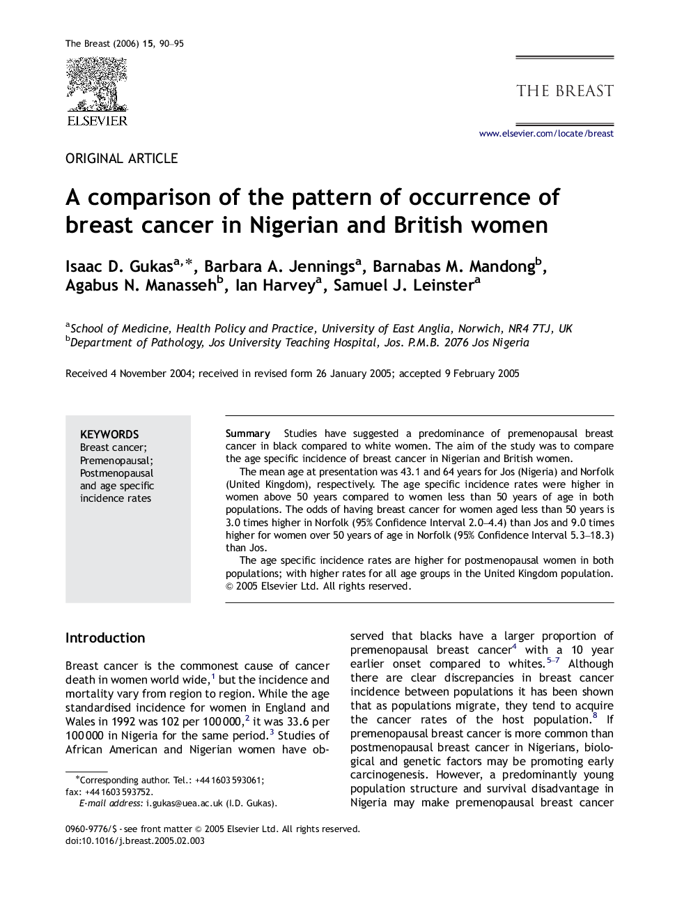 A comparison of the pattern of occurrence of breast cancer in Nigerian and British women