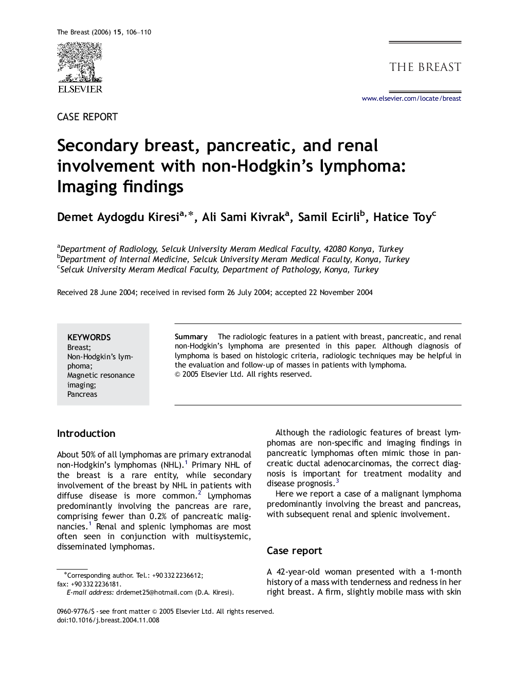 Secondary breast, pancreatic, and renal involvement with non-Hodgkin's lymphoma: Imaging findings