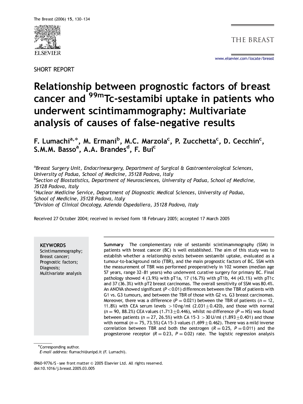 Relationship between prognostic factors of breast cancer and 99mTc-sestamibi uptake in patients who underwent scintimammography: Multivariate analysis of causes of false-negative results